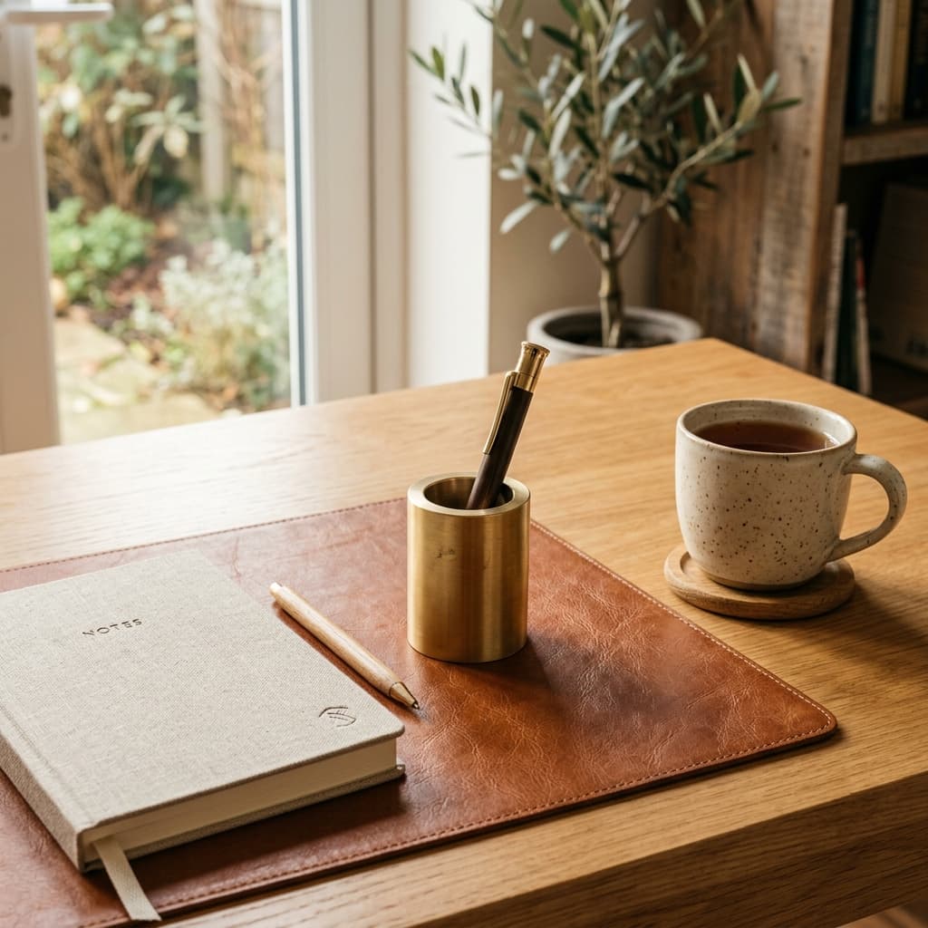 Sculptural Heavyweight Brass Pen Stand lifestyle detail