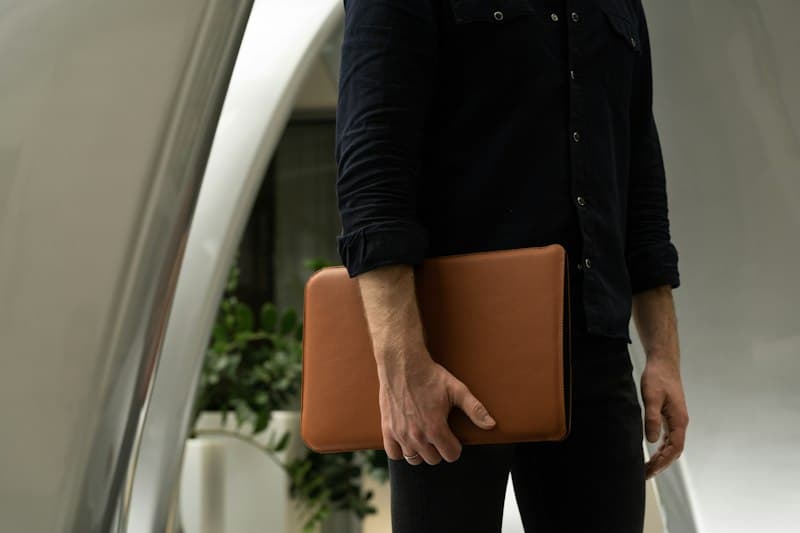 Minimalist Leather & Merino Wool Laptop Sleeve lifestyle detail